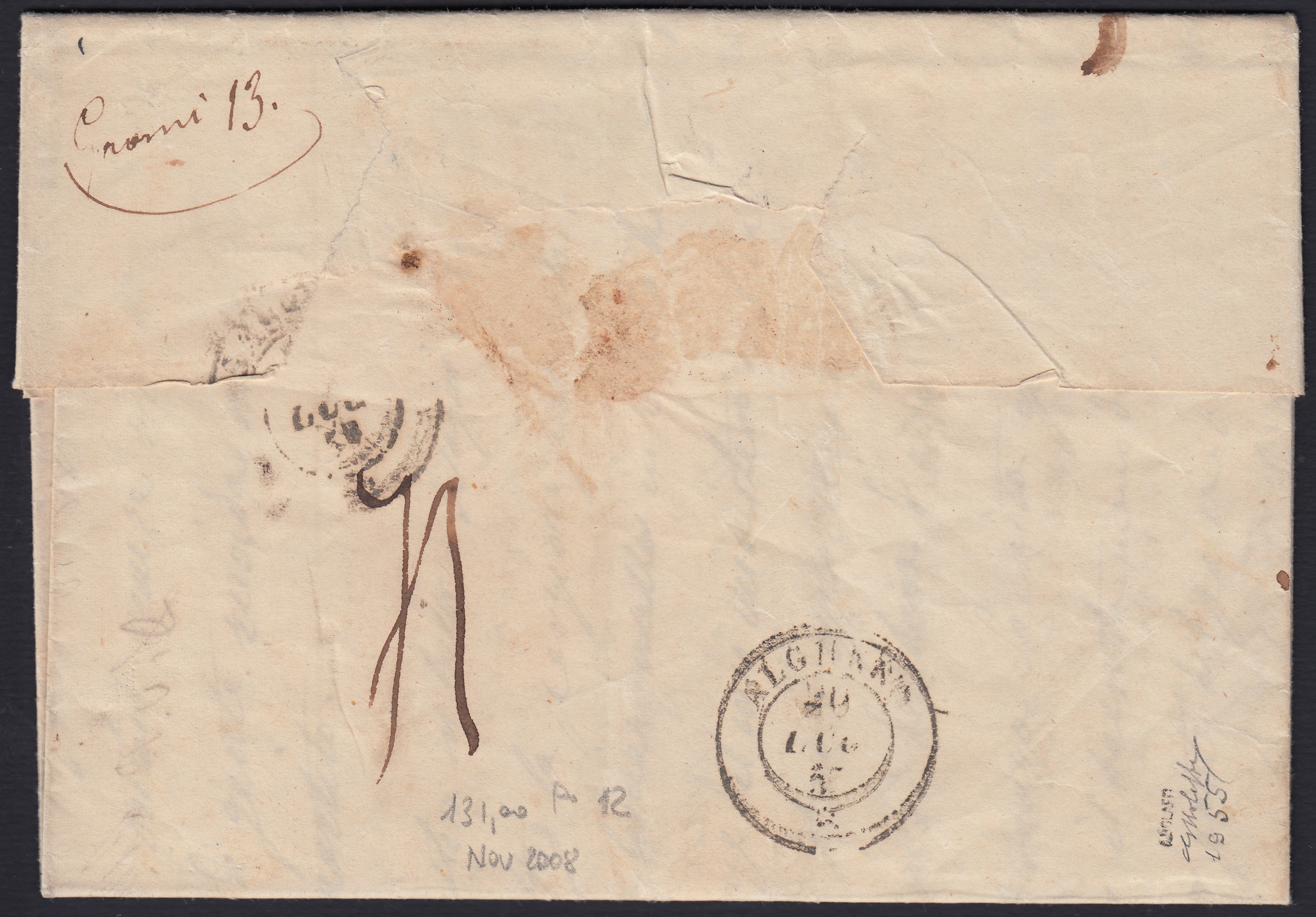 Pref9 - 1855 - Lettera in Porto Pagato da Bonorva per Alghero 18/7/55 raro annullo punti 12.