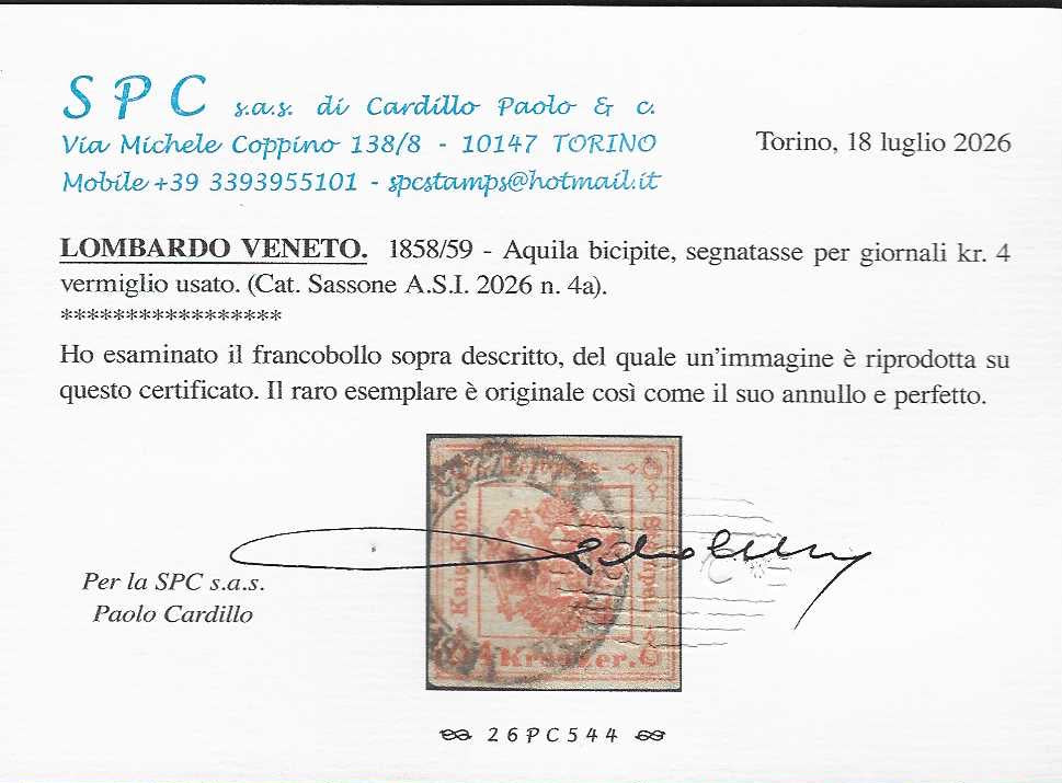 Lotto 116 - Lombardo Veneto, Segnatasse per Giornali, 4kr. vermiglio usato (4a). Certificato Paolo Cardillo.
