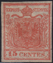 Lotto 117 - Lombardo Veneto, I emissione II tipo I sottotipo c. 15 vermiglio nuovo senza gomma (4) grande rarità del settore. Firma Guglielmo Oliva, certificato Paolo Cardillo.