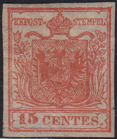 Lotto 117 - Lombardo Veneto, I emissione II tipo I sottotipo c. 15 vermiglio nuovo senza gomma (4) grande rarità del settore. Firma Guglielmo Oliva, certificato Paolo Cardillo.