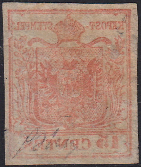 Lotto 117 - Lombardo Veneto, I emissione II tipo I sottotipo c. 15 vermiglio nuovo senza gomma (4) grande rarità del settore. Firma Guglielmo Oliva, certificato Paolo Cardillo.