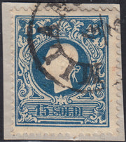 Lotto 124 - Lombardo Veneto, II emissione I tipo s. 15 azzurro usato su frammento (27).