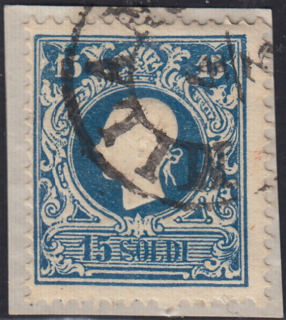 Lotto 124 - Lombardo Veneto, II emissione I tipo s. 15 azzurro usato su frammento (27).