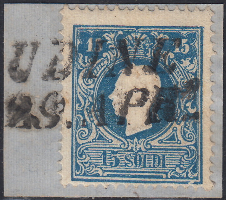 Lotto 128 - Lombardo Veneto, II emissione II tipo s. 15 azzurro usato su frammento (32).