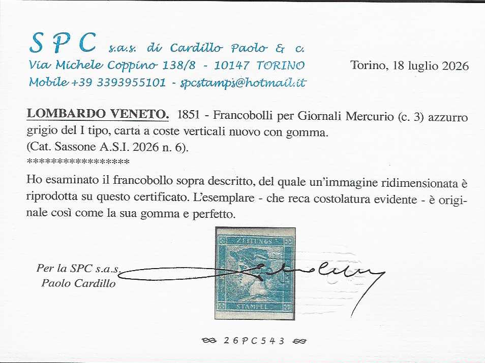 Lotto 135 - Lombardo Veneto, Giornali, Mercurio I tipo (c. 3) azzurro grigio carta a coste verticali, nuovo con gomma (6). FIrma Guglielmo Oliva, Certificato Paolo Cardillo.