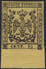 Lotto 142 - Modena I emissione c. 15 giallo nuovo con gomma integra (3)