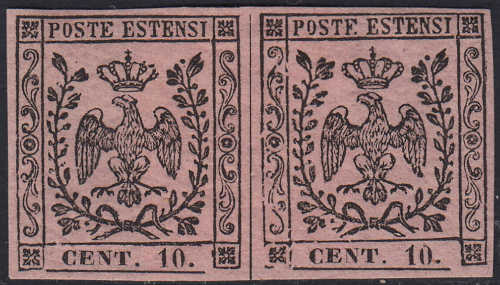 Lotto 146 - Modena II emissione c. 10 rosa vivo coppia orizzontale nuova con gomma originale (9a)