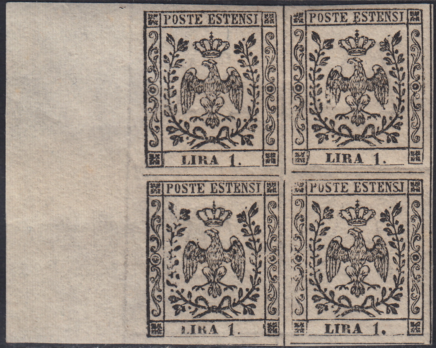 Lotto 151 - Modena II emissione L. 1 bianco quartina nuova con gomma originale (11)