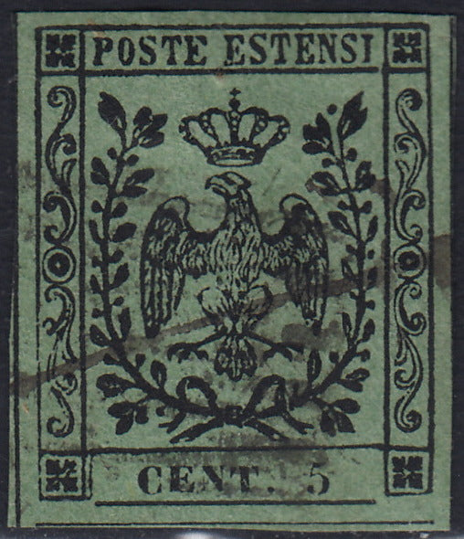 Lotto 153 - Modena II emissione c. 5 oliva con varietà tipografica "senza punto dopo 5" nuova con gomma originale (8d)