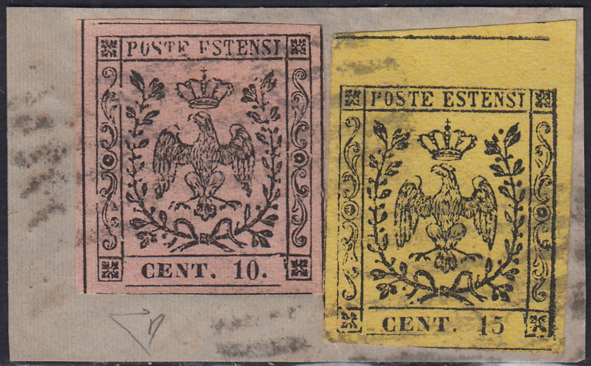 Lotto 154 - Modena frammento misto con c. 15 giallo I emissione + c. 10 rosa II emissione (3 + 9)