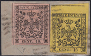 Lotto 154 - Modena frammento misto con c. 15 giallo I emissione + c. 10 rosa II emissione (3 + 9)