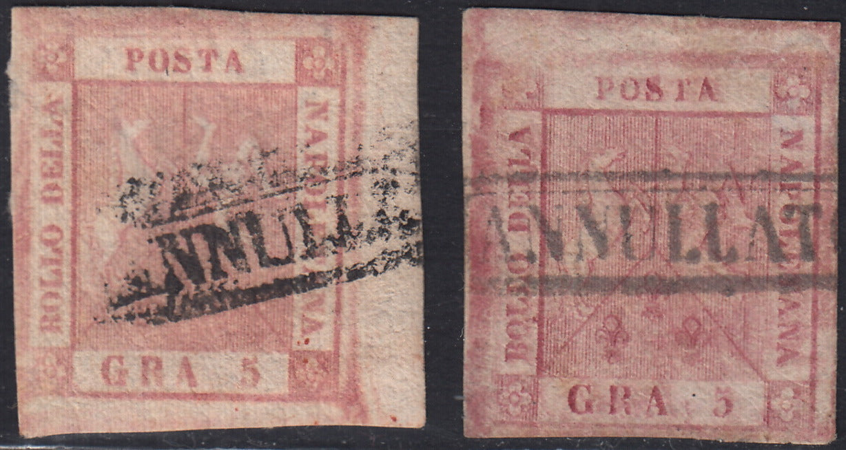 Lotto 174 - Regno di Napoli 5 grana carminio e 5 grana carminio vivo II tavola usati (9, 9a). Firma Guglielmo Oliva e Giovanni Chiavarello.