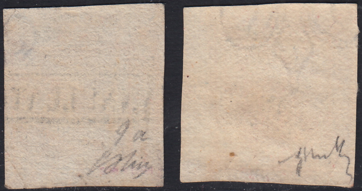 Lotto 174 - Regno di Napoli 5 grana carminio e 5 grana carminio vivo II tavola usati (9, 9a). Firma Guglielmo Oliva e Giovanni Chiavarello.