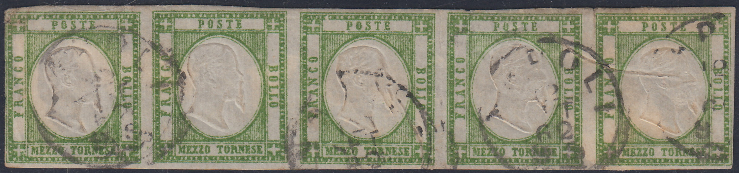 Lotto 179 - Province Napoletane, 1/2 tornese verde giallo striscia di 5 usata (17e). Certificato Alberto Diena.