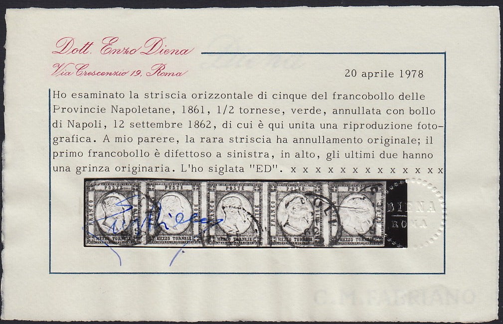 Lotto 179 - Province Napoletane, 1/2 tornese verde giallo striscia di 5 usata (17e). Certificato Alberto Diena.