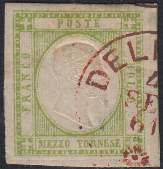 Lotto 181 - Province Napoletane, 1/2 tornese verde giallo chiaro usato Deliceto in rosso (17a, p.ti R1). Certificato Paolo Cardillo.
