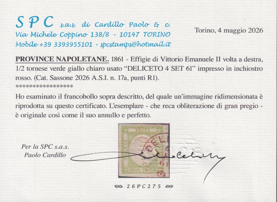 Lotto 181 - Province Napoletane, 1/2 tornese verde giallo chiaro usato Deliceto in rosso (17a, p.ti R1). Certificato Paolo Cardillo.