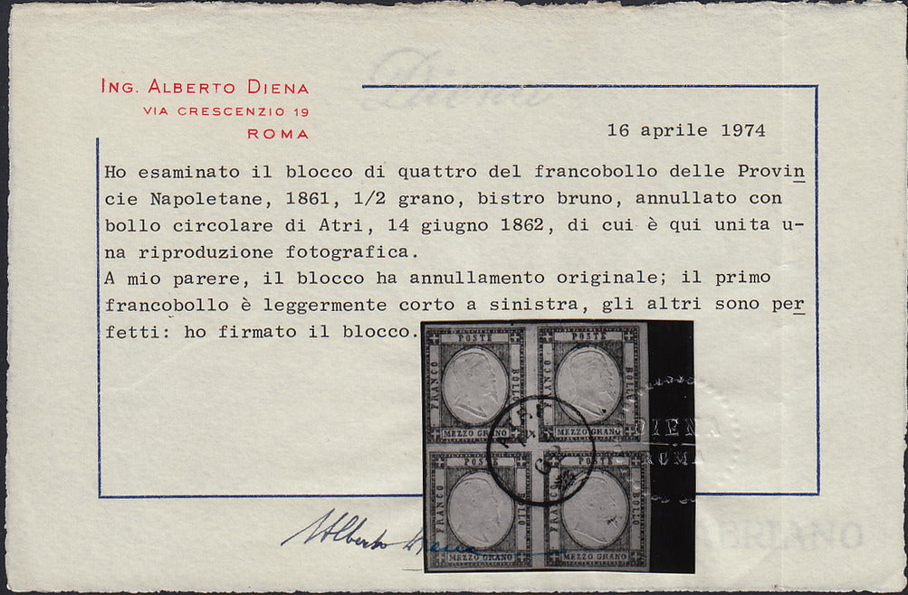 Lotto 182 - Province Napoletane, 1/2 grano grigio bistro quartina usata ATRI, i due superiori uno con doppia e uno con tripla effigie, grande rarità (18). Certificato Alberto Diena.