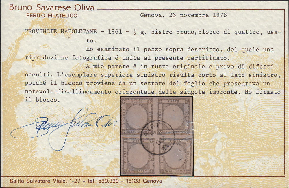 Lotto 182 - Province Napoletane, 1/2 grano grigio bistro quartina usata ATRI, i due superiori uno con doppia e uno con tripla effigie, grande rarità (18). Certificato Alberto Diena.