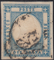 Lotto 185 - Province Napoletane, 2 grana azzurro usato e con linea di riquadro completa in alto (20K)