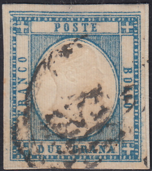 Lotto 185 - Province Napoletane, 2 grana azzurro usato e con linea di riquadro completa in alto (20K)