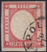 Lotto 192 - Province Napoletane, 5 grana carminio usato (21f). Firma Silvano Sorani
