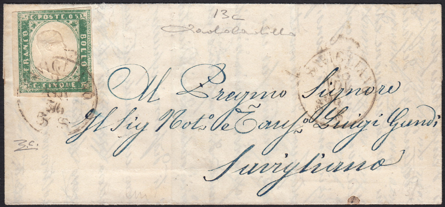 Lotto 1 - IV emissione c. 5 verde pisello tiratura 1855 isolato su lettera per città (13c)