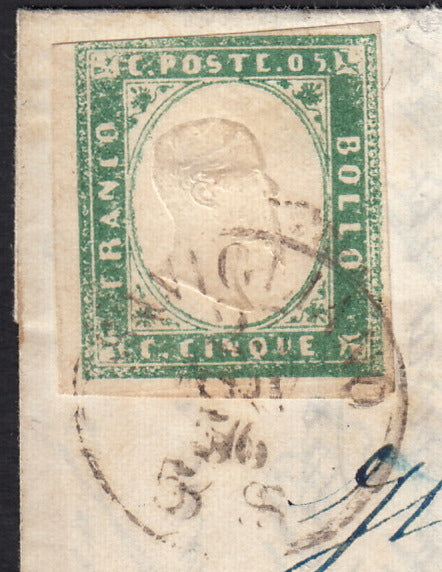 Lotto 1 - IV emissione c. 5 verde pisello tiratura 1855 isolato su lettera per città (13c)