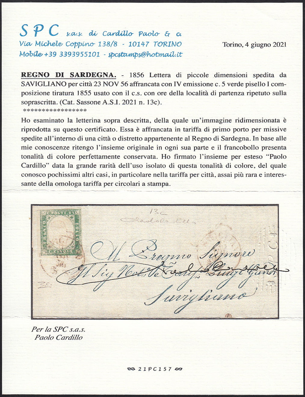 Lotto 1 - IV emissione c. 5 verde pisello tiratura 1855 isolato su lettera per città (13c)