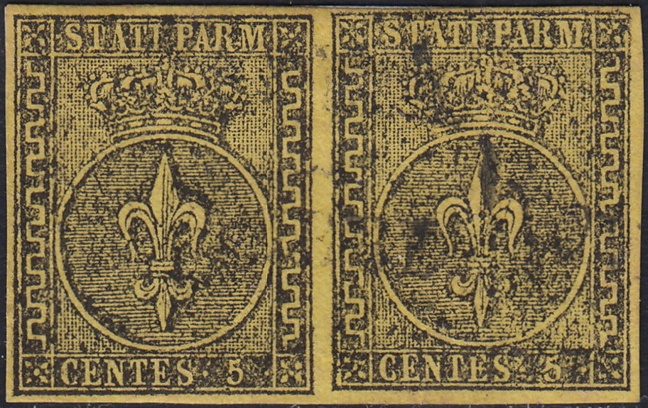 Lotto 202 - Ducato di Parma, I emissione c. 5 giallo arancio coppia orizzontale usata (1)