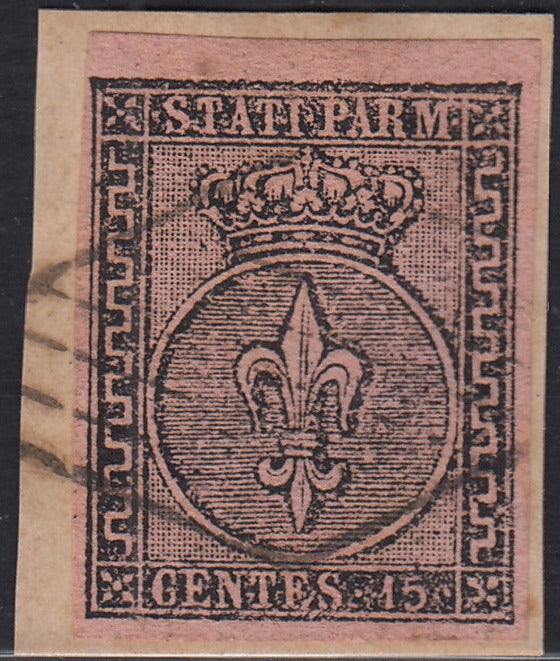 Lotto 209 - Ducato di Parma, I emissione c. 15 rosa usato su frammento (3)