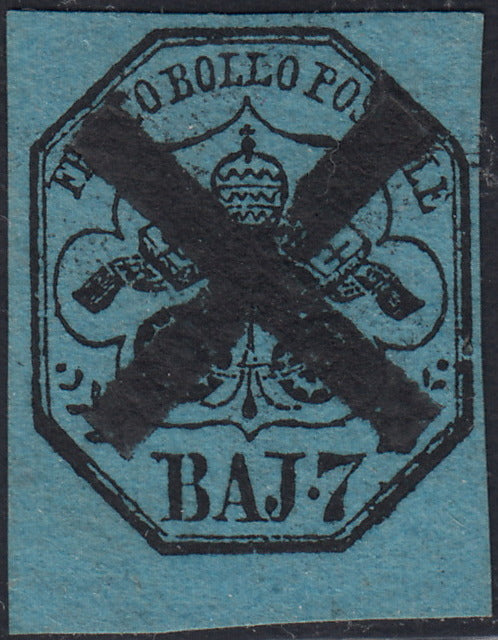Lotto 248 - 1852 - Stato Pontificio 7 baj azzurro usato con muto a croce di Ferrara (8)