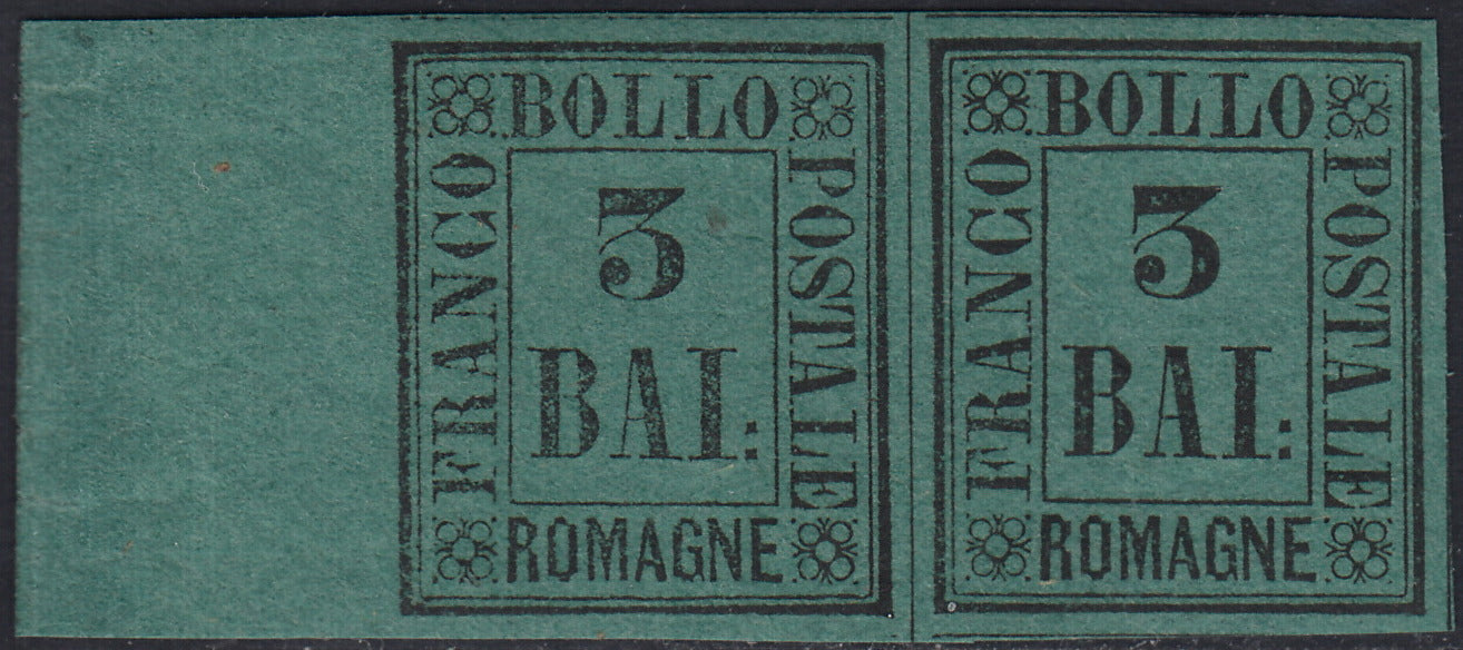 Lotto 267 - 1859 - Romagne, 3 baj verde scuro coppia orizzontale nuova con gomma originale (4)