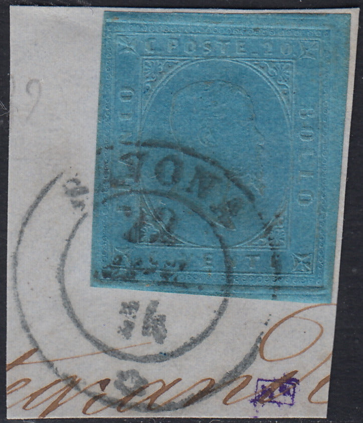 Lotto 275 - 1853 - Sardegna II emissone c. 20 azzurro usato su frammento (5)
