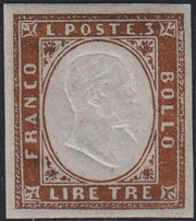 Lotto 299 - 1861 - Sardegna IV emissone L. 3 rame vivo nuovo con gomma originale (18A)