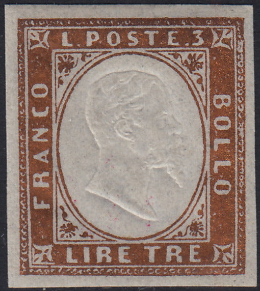 Lotto 299 - 1861 - Sardegna IV emissone L. 3 rame vivo nuovo con gomma originale (18A)