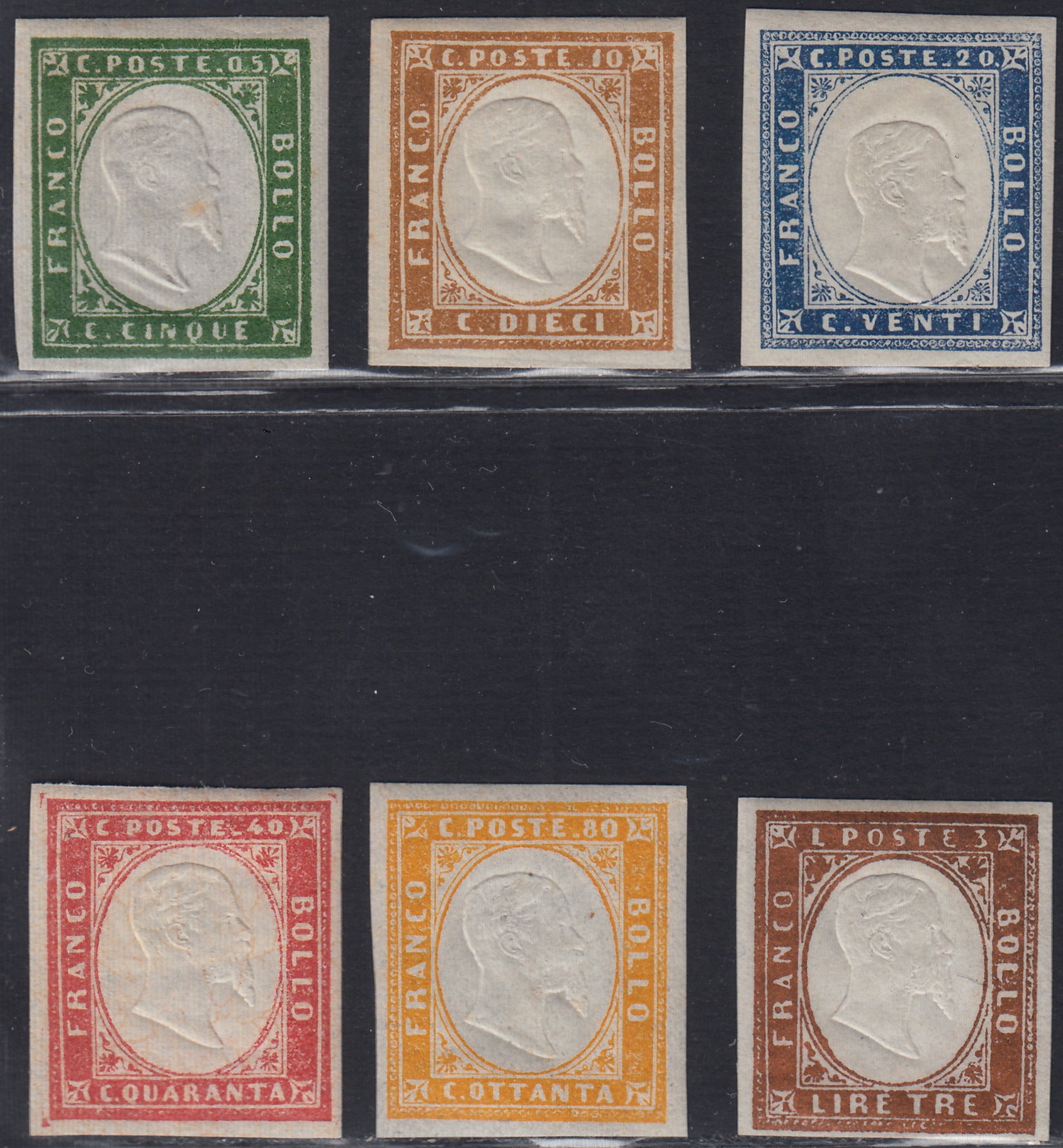 PT303 - 1855/63 - IV emissione serie completa dei sei valori facciali nelle gradazioni di colore meno rare, ma con il c. 20 indaco chiaro (13E, 14E, 15Eb, 16F, 17Da, 18A)
