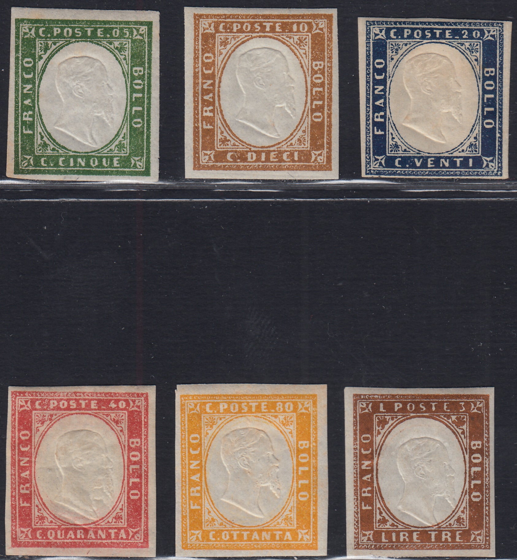 PT304 - 1855/63 - IV emissione serie completa dei sei valori facciali nelle gradazioni di colore meno rare, nuovi con gomma originale (13E, 14E, 15E, 16F, 17Da, 18A)