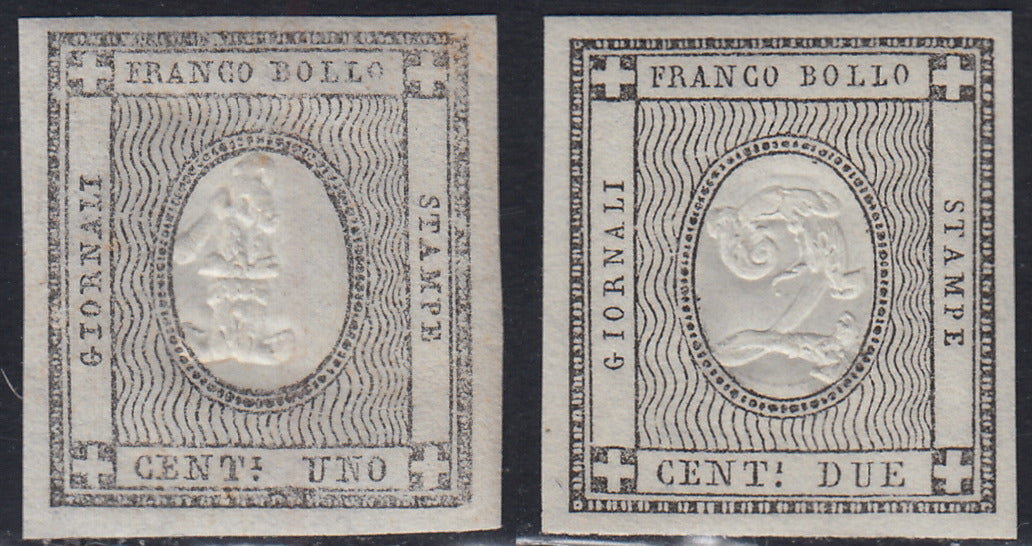 Lotto 308 - 1861 - Cifra a rilievo, c. 1 grigio nero + c. 2 grigio nero nuovi gomma integra (19, 20)