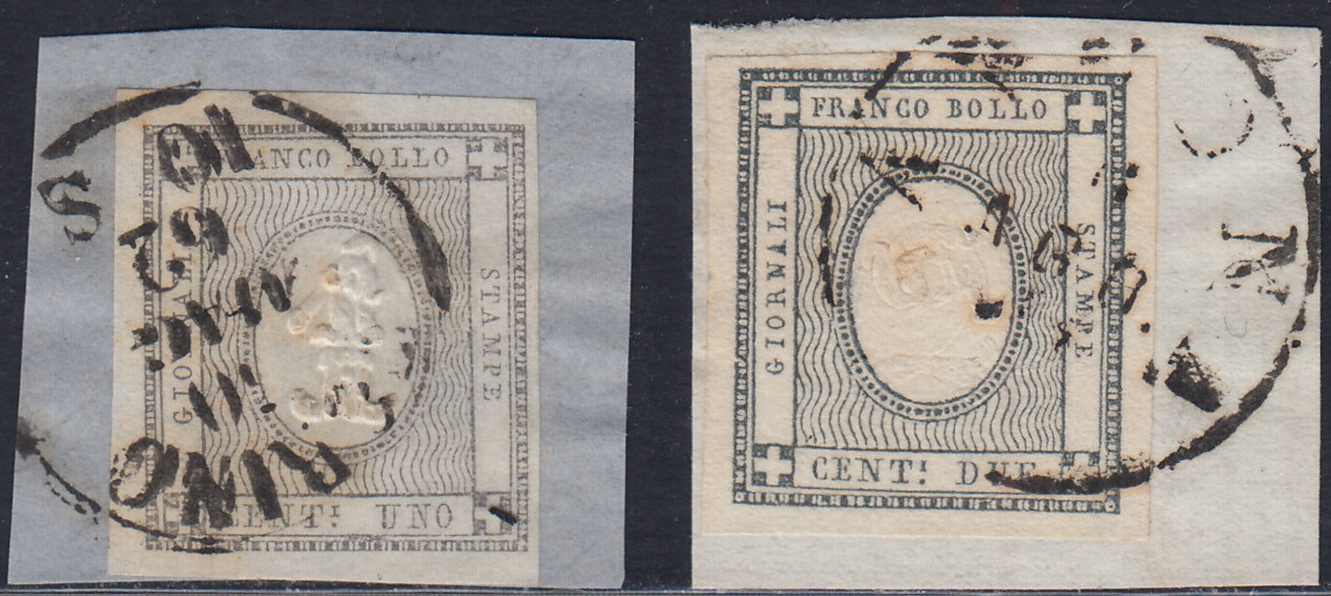 Lotto 312 - 1861 - Cifra a rilievo, c. 1 grigio chiaro + c. 2 grigio verdastro usati su frammento (19d, 20b)