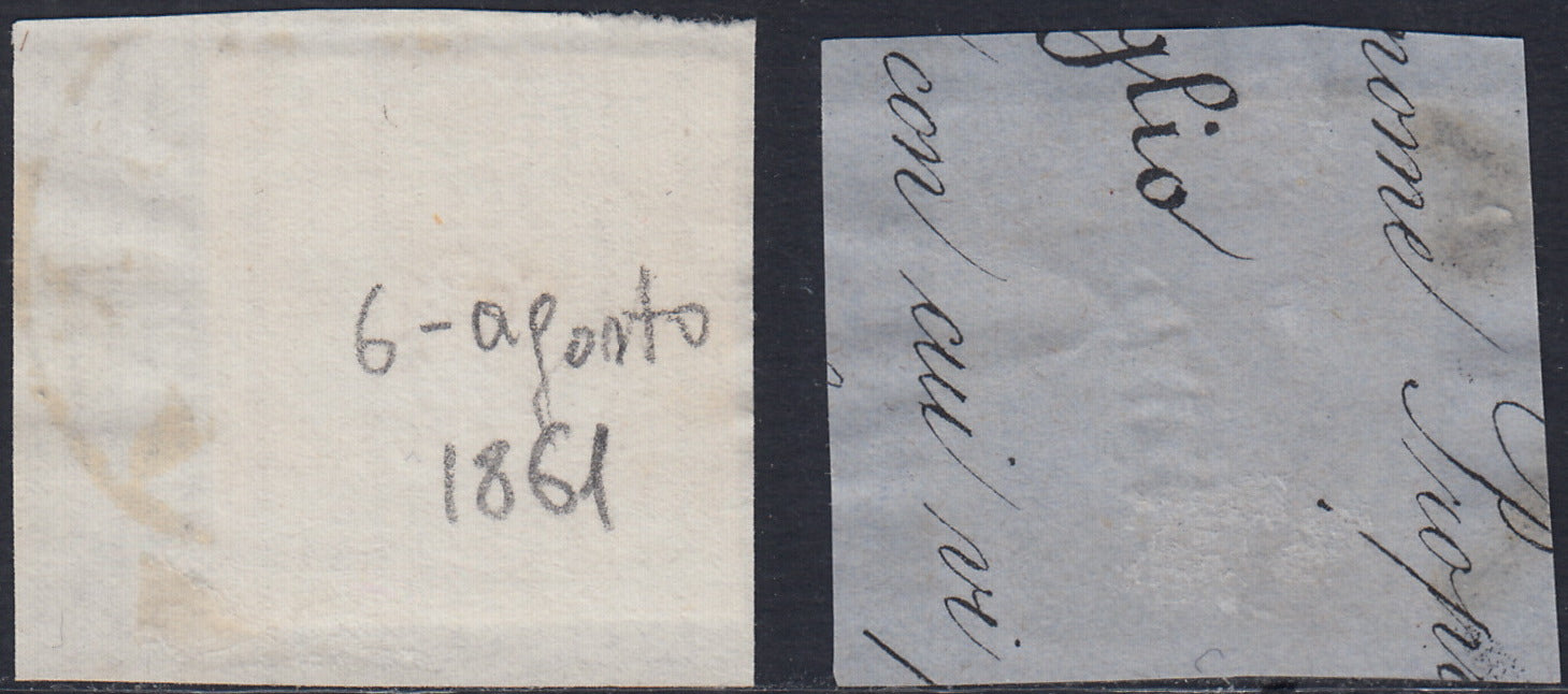 Lotto 312 - 1861 - Cifra a rilievo, c. 1 grigio chiaro + c. 2 grigio verdastro usati su frammento (19d, 20b)