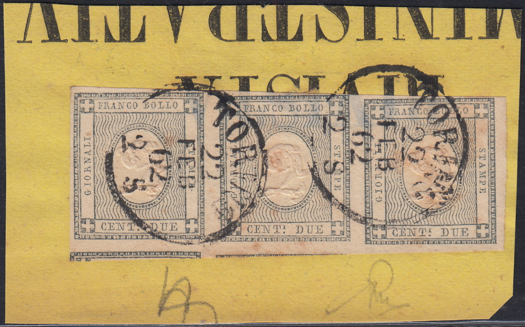 Lotto 314 - 1861 - Cifra a rilievo, c. 2 grigio verdastro striscia di 3 usata su frammento (20b)