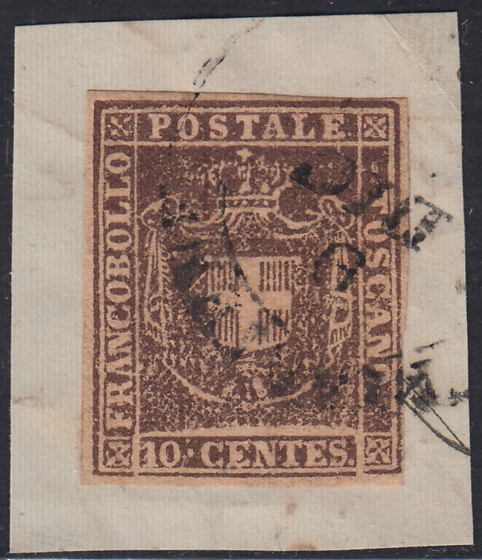 Lotto 375 - 1860 Governo Provvisorio di Toscana, c. 10 bruno lillaceo usato su frammento (19d)