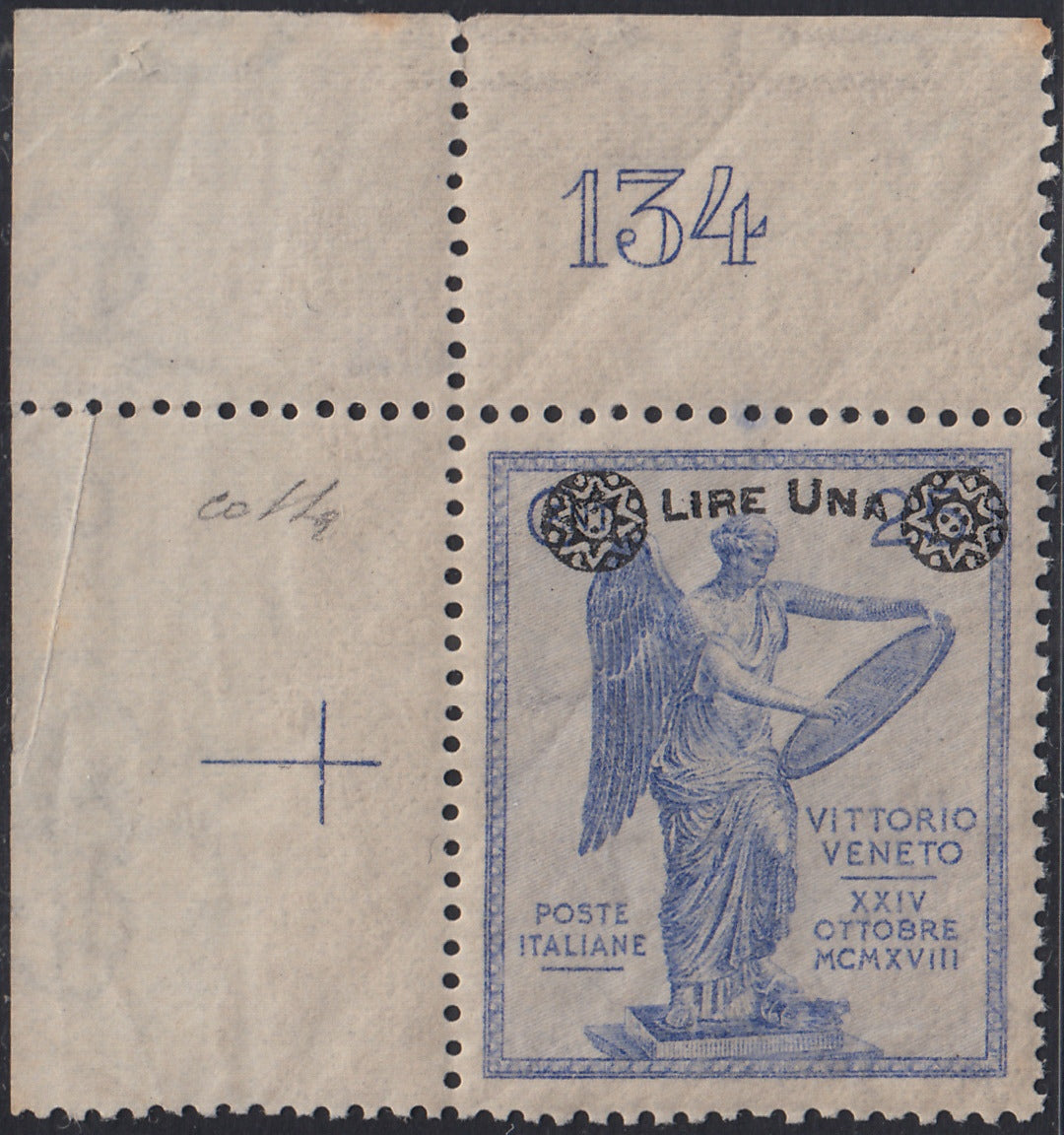 Lotto 383 - 1924 - Vittoria soprastampata, L. 1 su c. 25 oltremare filigrana "Piccola Croce" e numero di tavola 134 nuovo gomma integra (161ad)