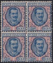 Lotto 384 - 1901 - Floreale, L. 5 azzurro e rosa blocco di quattro esemplari nuovi gomma integra, buona centratura (78)