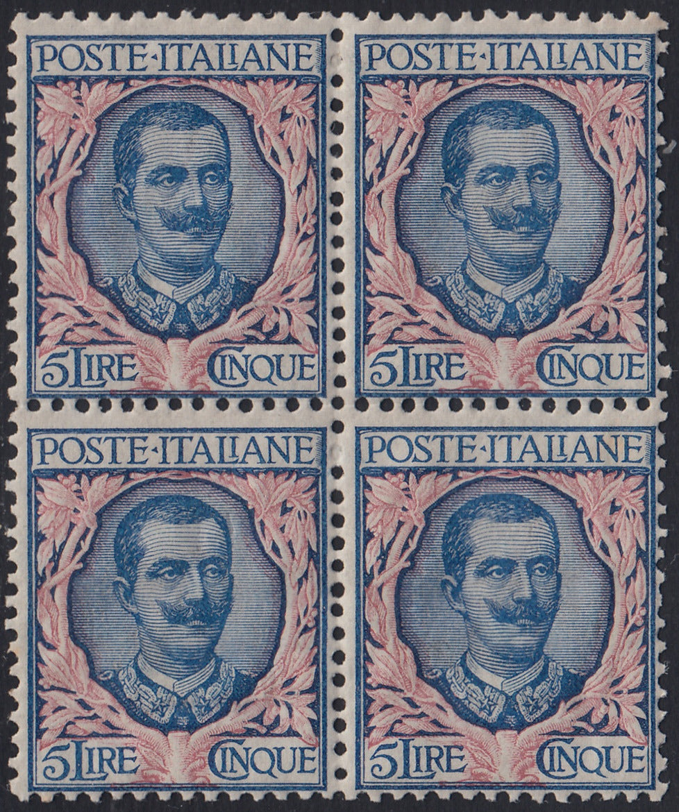 Lotto 384 - 1901 - Floreale, L. 5 azzurro e rosa blocco di quattro esemplari nuovi gomma integra, buona centratura (78)