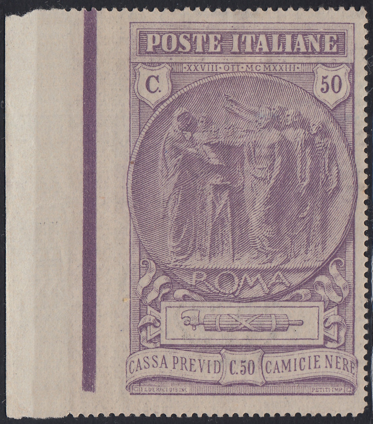 Lotto 385 - 1923 - Camicie Nere, c. 50 + c. 50 violetto non dentellato a sinistra e margine di foglio con linea di riquadro nuovo con gomma originale (148b)