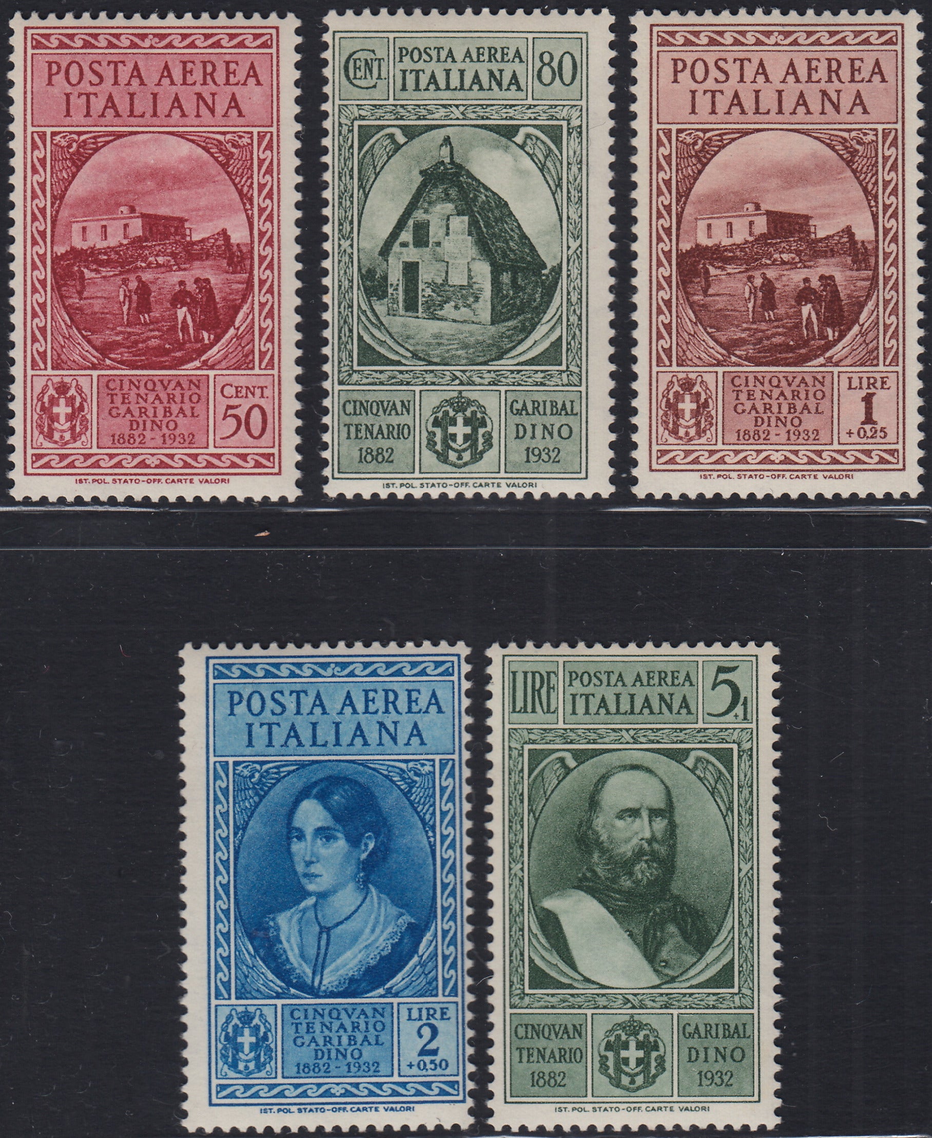 Lotto 387 - 1932 - Garibaldi, Posta Aerea serie completa di cinque valori (senza Areoespressi) nuova con gomma integra (A32/A36)