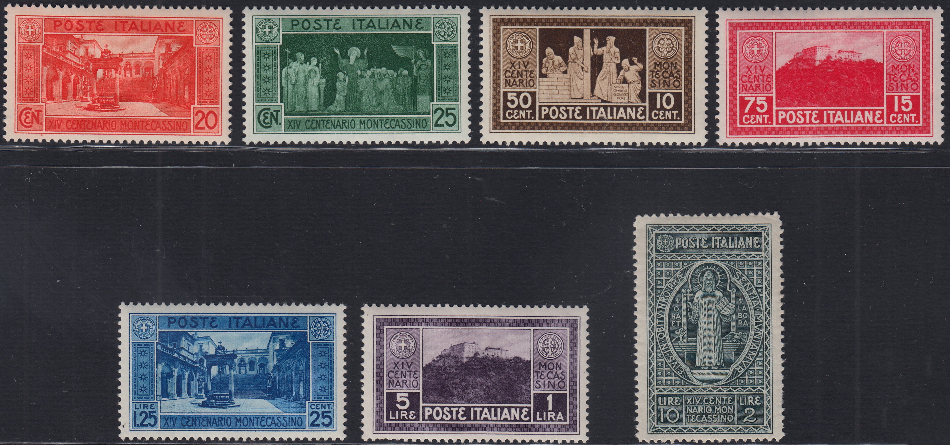 Lotto 388 - 1929 - Montecassino, serie completa di sette valori nuova con gomma integra (262/268)