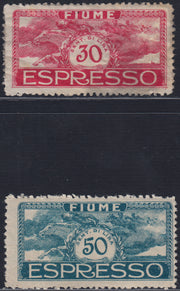 Lotto 391 - 1920 - Cavalieri, espressi della serie "effigie di Gabriele d'Annunzio" a colori invertiti, non emessi, nuovi gomma originale (E1A, E2A).